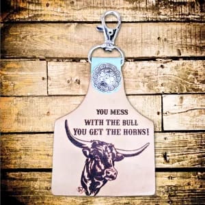Leather key chain tag Mess with the Bull you get the horns