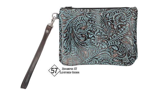 Turquoise tooled leather clutch