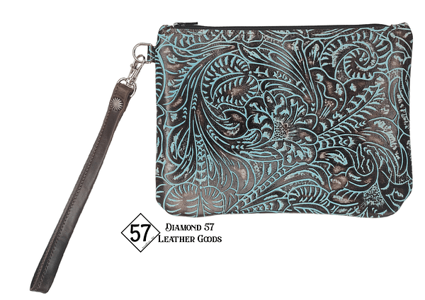 Turquoise patina leather clutch