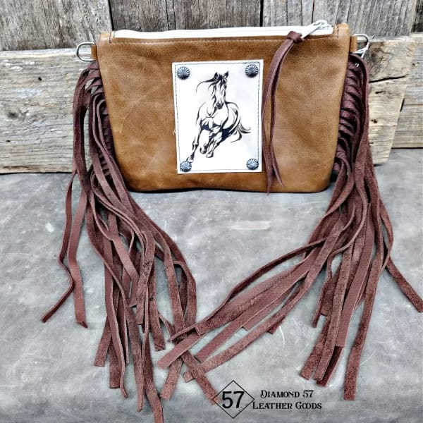 Leather crossbody purse, fringe Brown 908 Diamond 57