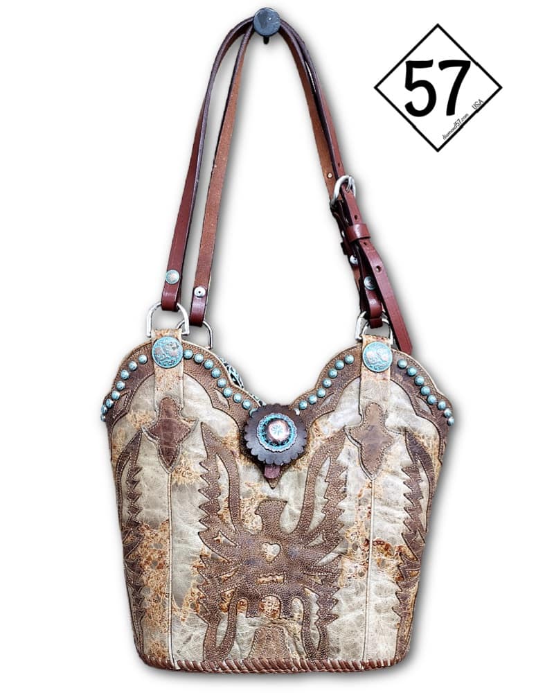 Brown Eagle inlay cowboy boot purse with horse tack handles